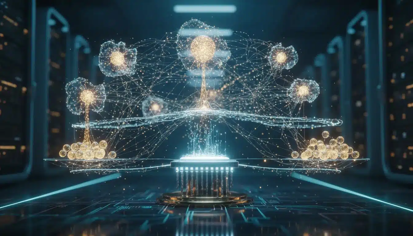 Abstrakte Illustration: leuchtender TPU‑ähnlicher Chip, vernetzte Neuronen, fließende Datenströme und tropfenförmige Distillation vor verschwommenen Serverracks — Symbolik für AI‑Co‑Design, Distillation und energiesparendes Ranking