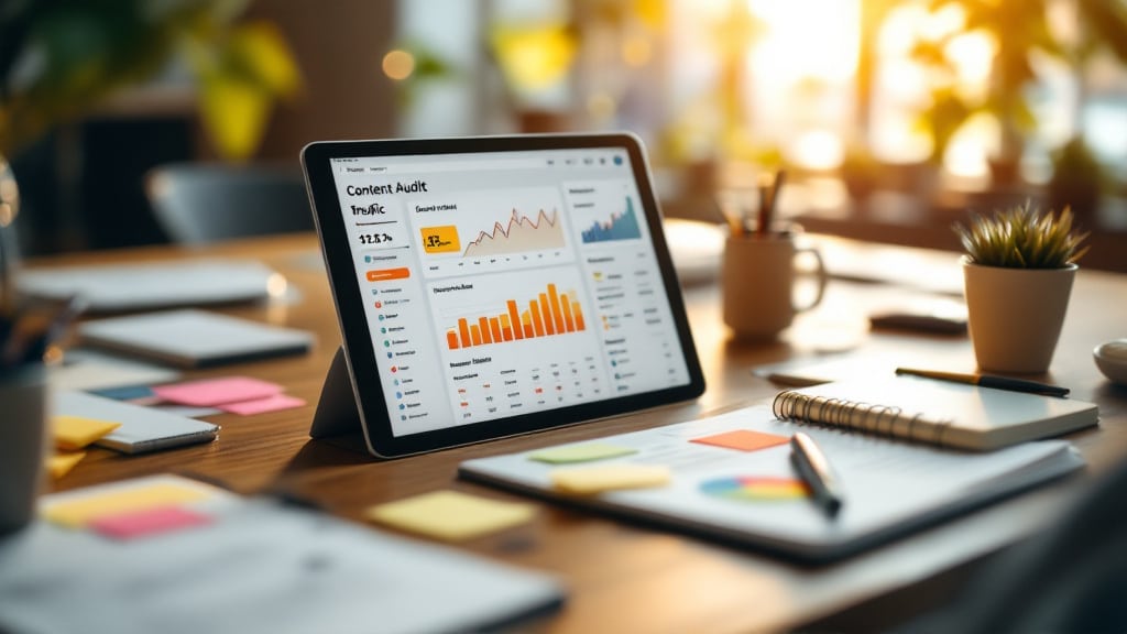 Jede Seite zählt: Optimiere erst, dann publiziere 1 Content-Audit und Optimierungsplanung auf aufgeräumtem Schreibtisch