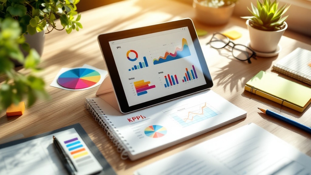 Marketing-Dashboard mit KPIs auf Tablet und Notizbuch